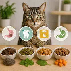 snacks funcionales para gatos bolas de pelo salud dental control de peso 
                              digestión premios saludables para gatos con beneficios específicos