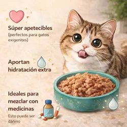 Gato comiendo snacks húmedos con beneficios como hidratación 
                              extra, alta palatabilidad y facilidad para mezclar con 
                              medicamentos en la alimentación felina