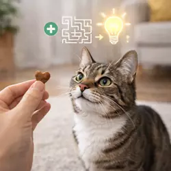 Gato atento a snack mientras estimula su mente, premios 
                              interactivos para gatos que favorecen el estímulo mental y 
                              la inteligencia felina