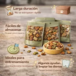 Snacks crujientes para gatos con beneficios como larga 
                              duración, fácil almacenamiento, apoyo al entrenamiento y 
                              limpieza dental para una mejor salud felina
