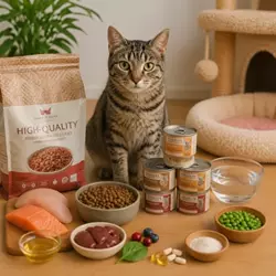 Gato doméstico junto a pienso premium de gran formato y comida húmeda 
                              complementaria, mostrando opciones de alimentación de calidad para 
                              ahorrar dinero sin comprometer la salud felina.