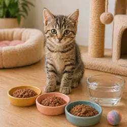 gatito comiendo alimento especial kitten con alta proteína, nutrición 
                              para gatos jóvenes de 2 a 12 meses, dieta equilibrada con varias 
                              comidas al día y agua fresca disponible