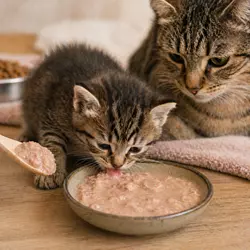 gatito comiendo papilla de alimento húmedo, transición a comida 
                              sólida para gatos bebés, nutrición de gatitos de 4 a 8 semanas 
                              con dieta blanda y equilibrada