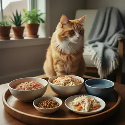 Gato senior frente a comida húmeda y croquetas blandas especiales
                              para gatos mayores, dieta adaptada baja en fósforo y fácil de 
                              masticar.