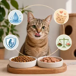 Gato doméstico comiendo pienso y comida húmeda en dieta mixta 
                           equilibrada, alimentación saludable para gatos que mejora hidratación, 
                           salud urinaria y nutrición completa