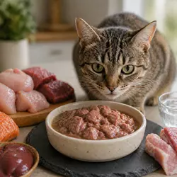 Gato comiendo comida húmeda rica en carne de alta calidad, 
                              alimentación natural para gatos con alto contenido en proteínas 
                              y humedad, sin subproductos y con nutrición equilibrada para 
                              gatos domésticos