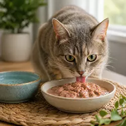 Gato doméstico disfrutando comida húmeda, alimentación ideal para 
                              mejorar hidratación en gatos y perfecta para gatos exigentes que 
                              buscan mayor sabor y nutrición equilibrada