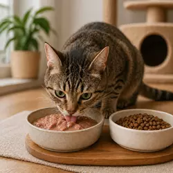 Gato doméstico comiendo comida húmeda rica en agua junto a pienso 
                              como complemento, dieta ideal para gatos que beben poca agua, mejora 
                              hidratación y previene problemas urinarios
