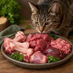gato comiendo dieta BARF con carne cruda, huesos y vísceras, 
                              alimentación natural para gatos rica en proteínas animales, 
                              mejora del pelaje y energía, comida saludable para gatos 
                              domésticos