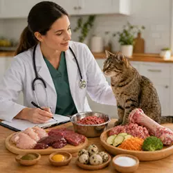 Veterinario asesorando dieta BARF para gatos con ingredientes 
                              naturales como carne cruda y verduras, alimentación natural felina 
                              equilibrada con supervisión profesional y nutrición saludable para 
                              gatos