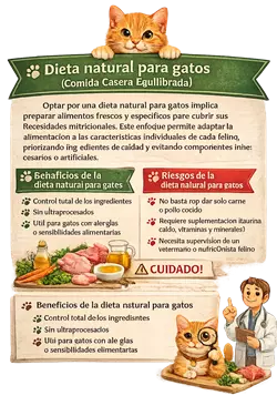 Infografía sobre dieta natural para gatos y comida casera para gatos equilibrada, 
                           destacando alimentación felina saludable, ingredientes naturales, nutrición para 
                           gatos, beneficios para la salud, control de ingredientes, sin ultraprocesados y 
                           consejos para preparar la mejor dieta casera para gatos de forma segura