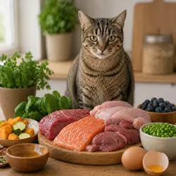Gato rodeado de alimentos frescos naturales como carne y verduras, 
                              dieta natural para gatos con ingredientes de calidad, sin 
                              ultraprocesados, ideal para alergias y alimentación saludable 
                              felina
