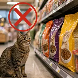 Gato en pasillo de supermercado junto a sacos de pienso barato, 
                              recomendación de evitar comida de baja calidad para gatos, elección 
                              de alimentación saludable y nutrición felina adecuada