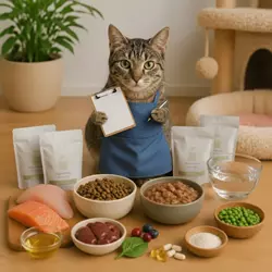Gato doméstico de pie revisando un checklist frente a comida premium 
                              para gatos, evaluando pienso, comida húmeda y proteínas frescas para 
                              una dieta saludable y equilibrada.