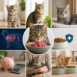 gato doméstico frente a diferentes opciones de comida saludable, 
                             comparativa de alimentación para gatos según edad, salud y preferencias, 
                             nutrición felina equilibrada recomendada por veterinarios