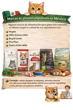 Infografía sobre mejores marcas de comida para gatos en México como Nupec, Hill’s 
                           Science Diet, Royal Canin, Pro Plan y Taste of the Wild, destacando pienso para 
                           gatos de calidad, alimentación felina saludable, ingredientes naturales, nutrición 
                           para gatos adultos y consejos para elegir el mejor alimento para gatos según su 
                           salud y necesidades