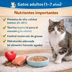Infografía sobre nutrición de gatos adultos mostrando proteínas para gatos, 
                              taurina para gatos, alimentación para gatos adultos equilibrada, comida para 
                              gatos saludable, hidratación en gatos, control de grasas y consejos para 
                              mejorar la salud felina, energía y bienestar en gatos adultos
