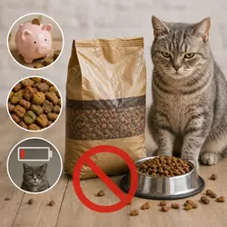 Gato doméstico frente a pienso barato de baja calidad con símbolo de 
                              prohibido, alerta sobre alimentación económica para gatos, riesgos 
                              nutricionales, mala dieta felina y recomendación de evitar comida 
                              seca barata