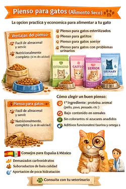 Infografía sobre pienso para gatos y alimento seco para gatos mostrando 
                           ventajas, tipos de comida para gatos, beneficios en salud felina, energía e 
                           inmunidad, con consejos para elegir el mejor pienso para gatos según edad, 
                           esterilización y necesidades nutricionales