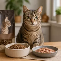 Gato comiendo pienso premium rico en proteína animal junto a comida 
                              húmeda, dieta equilibrada para gatos con mejor calidad precio, 
                              nutrición saludable y alimentación recomendada para gatos domésticos
