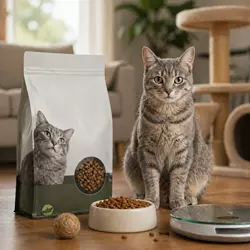 Gato esterilizado comiendo pienso premium para control de peso, 
                              alimentación diaria equilibrada para gatos domésticos que ayuda 
                              a mantener un peso saludable y buena nutrición felina