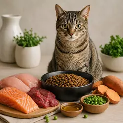 Gato doméstico junto a pienso premium con alta proteína animal y 
                              ingredientes naturales, alimentación saludable para gatos con buena 
                              digestibilidad y sin rellenos innecesarios
