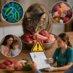 gato comiendo dieta BARF con carne cruda y señal de peligro, riesgos de 
                             alimentación cruda en gatos, posible contaminación bacteriana, 
                             desequilibrios nutricionales y necesidad de supervisión veterinaria