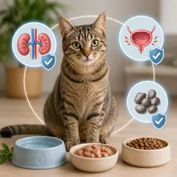 Gato doméstico con dieta equilibrada de comida húmeda y pienso que 
                              ayuda a prevenir problemas renales, cistitis y cálculos urinarios, 
                              mejorando la salud urinaria en gatos