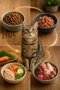 Comparativa de tipos de alimentación para gatos con pienso seco, comida 
                           húmeda, dieta natural casera y dieta BARF, gato doméstico eligiendo la 
                           mejor nutrición felina para salud, energía y bienestar