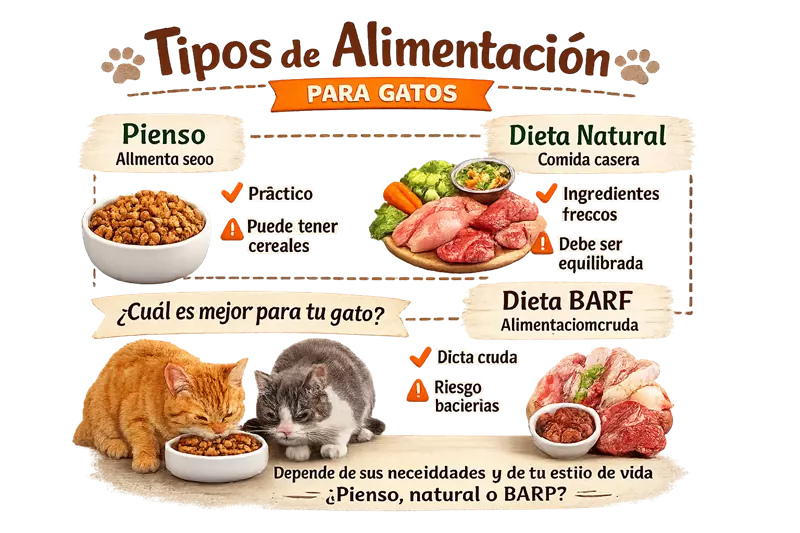 Infografía sobre tipos de alimentación para gatos comparando pienso seco, dieta 
                     natural casera y dieta BARF, con ventajas, riesgos y recomendaciones para elegir la 
                     mejor opción según las necesidades del gato