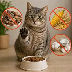 Gato doméstico rechazando alimentos no recomendados con iconos de 
                              prohibición sobre subproductos, cereales como maíz y azúcar, imagen 
                              sobre ingredientes a evitar en pienso para gatos y alimentación felina 
                              saludable