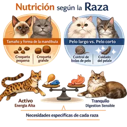 pienso para gatos según la raza nutrición felina personalizada 
                              croquetas tamaño mandíbula pelo largo corto digestión sensible gato 
                              activo alimento recomendado