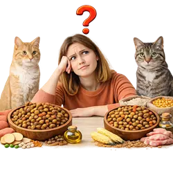 qué pienso elegir para gatos comparativa comida con cereales vs sin 
                           cereales mujer dudando entre alimentación felina saludable mejor opción 
                           nutrición gatos