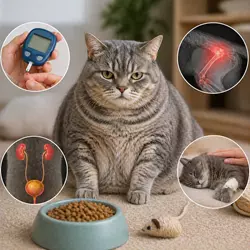 Gato con sobrepeso junto a cuenco de comida mostrando riesgos de obesidad 
                              felina como diabetes, problemas articulares y enfermedades urinarias, 
                              imagen sobre salud de gatos y control de peso en alimentación felina