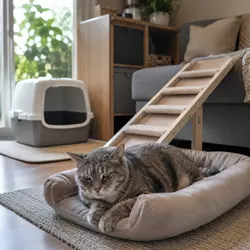 gato senior descansando en cama ortopédica con rampa y arenero accesible en 
                           casa adaptada para gatos mayores con movilidad reducida y máximo confort