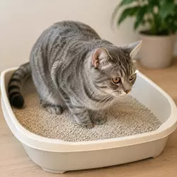 Gato usando arena fina aglomerante sin perfume en arenero limpio, ideal para 
                          higiene felina y control de olores en casa.