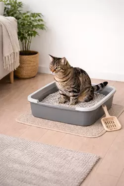gato usando arenero sanitario con arena limpia higiene para gatos domésticos 
                       solución práctica para control de olores y limpieza fácil en casa accesorios 
                       esenciales para gatos
