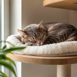 Gato doméstico durmiendo en una cama cómoda y elevada dentro de una zona de 
                          descanso felina tranquila y silenciosa, ideal para el bienestar y relax de 
                          gatos en casa.