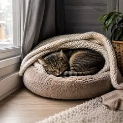 Gato durmiendo en cama mullida con manta térmica para mascotas junto a una 
                          ventana, creando un espacio cálido y confortable ideal para invierno en 
                          casa.