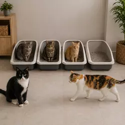 Varios areneros distribuidos en el hogar para varios gatos, siguiendo la 
                          recomendación veterinaria de colocar una bandeja sanitaria extra para 
                          mejorar la higiene y reducir el estrés felino.