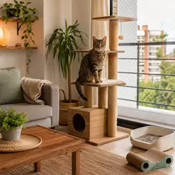 Gato doméstico en una casa adaptada con rascador, arenero y zona segura junto a una 
                       ventana en un salón moderno y acogedor ideal para bienestar felino y convivencia en 
                       el hogar.