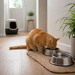 Zona de alimentación para gatos con cuencos de comida y agua separados en un 
                          espacio tranquilo del hogar, diseñada para mejorar el bienestar, la salud y la 
                          comodidad felina.