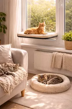 confort para gatos en casa con camas suaves y repisa en ventana zona de descanso 
                       cálida para gatos domésticos ideal para relajación bienestar felino y espacios 
                       acogedores interiores