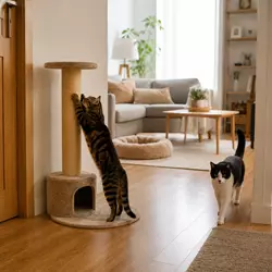 Gatos usando rascador vertical en salón moderno, ubicado cerca de zonas de 
                          descanso y paso para estimular el comportamiento felino natural.