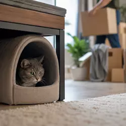 gato estresado escondido durante mudanza en casa por cambios bruscos ruidos 
                           fuertes y falta de rutina situación común de ansiedad en gatos domésticos