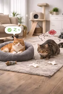 estrés en gatos señales de gato estresado vs gato tranquilo comportamiento felino en 
                       casa cómo identificar ansiedad y mejorar bienestar de gatos domésticos con entorno 
                       adecuado