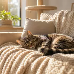 Gato descansando al sol sobre manta y sofá en un rincón cálido del hogar, 
                          mostrando zonas favoritas de descanso para gatos domésticos en interiores 
                          acogedores.