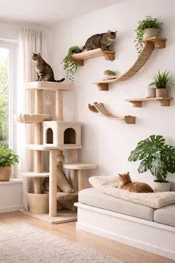 gatos en gimnasio de pared con estanterías y rascador zona de juego y descanso en 
                       altura para gatos domésticos enriquecimiento ambiental felino ideal para ejercicio y 
                       bienestar en casa