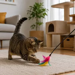 Gato doméstico jugando con juguete interactivo en casa para estimulación mental, 
                          ejercicio diario y reducción del estrés y aburrimiento felino.