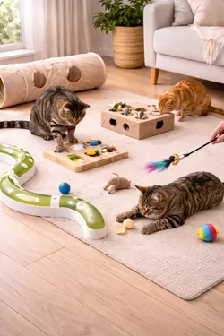 juguetes interactivos para gatos con juegos de inteligencia pelotas y túnel 
                       estimulación mental y física para gatos domésticos actividad divertida para evitar 
                       aburrimiento y mejorar bienestar felino en casa
